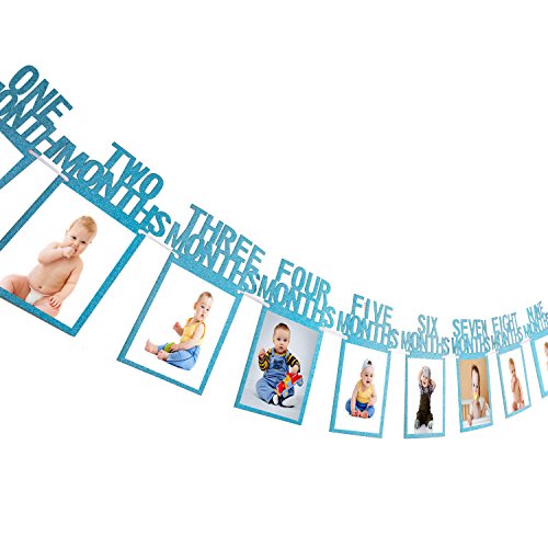 Product Cover Bememo 1st Birthday Bunting Garland Baby Photo Banner Baby 1-12 Month Photo Prop Party Bunting Decor Thickened Card Paper (Blue)