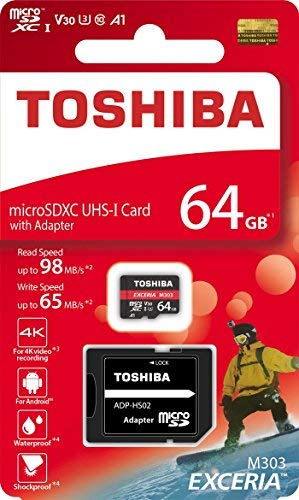 Product Cover TOSHIBA Micro SD Card Memory Card 64GB 64G EXCERIA M303 with SD Adapter microSDXC UHS-I U3 Card 4K Class10 V30 A1 microSD Read 98MB/s Write 65MB/s (THN-M303R0640A2)