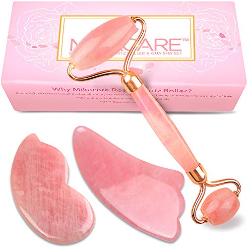 Product Cover Jade Roller - Rose Quartz Roller and Gua Sha set - Anti Aging Facial Roller - Face Massager - Real Rose Quartz Scraping Tool for Slimming, Firming, Removes Wrinkles