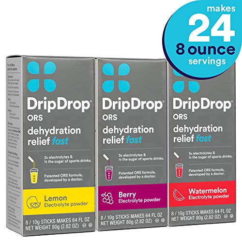 Product Cover DripDrop ORS - Patented Electrolyte Powder for Dehydration Relief fast - For Heat Exhaustion, Hangover, Illness, Sweating, Watermelon, Berry, Lemon Flavor Variety 3 Pack, Makes (24) 8oz Servings