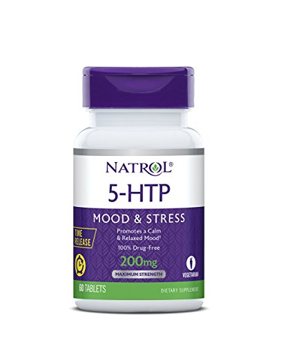 Product Cover Natrol 5-HTP Time Release tablets, Promotes a Calm Relaxed Mood, Helps Maintain a Positive Outlook, Enables Production of Serotonin, Drug-Free, Controlled Release, Maximum Strength, 200mg, 60 Count