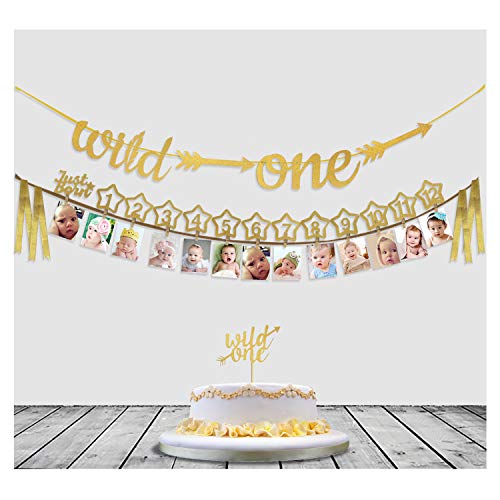 Product Cover Baby's 1st Birthday Decorations- 12 Month Photo Banners,Wild One Birthday Banners,Wild One Cupcake Topper,The Wild One Party Supplies (Wild one) (Gold)