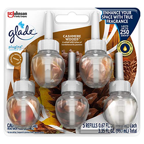 Product Cover Glade PlugIns Scented Oil Refill Cashmere Woods, Essential Oil Infused Wall Plug In, 3.35 FL OZ, Pack of 5