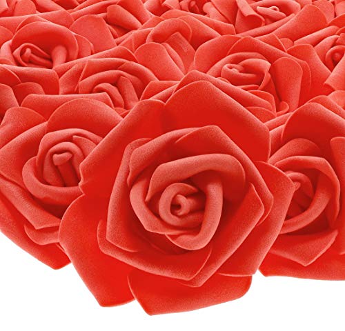 Product Cover Juvale 100-Pack Artificial Rose Flower Heads for Wedding Decorations, Baby Showers, Crafts - Red, 3 Inches