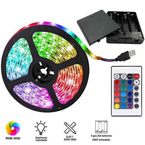 Product Cover aijiaer Battery Powered Led Strip Lights, 5050 2M/6.6FT, Waterproof Flexible Color Changing RGB LED Light Strip, 60 LEDs 5V Battery-powered with RF Controller