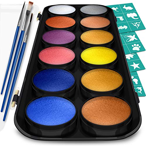 Product Cover Face Paint and Body Painting Kit - Set of 12 Metallic Colors with Bonus Flat and Detail Paint Brushes - Comes w/ 30 Design Stencils - Non Toxic, Water Based and Easy On, Easy Off - FDA Compliant