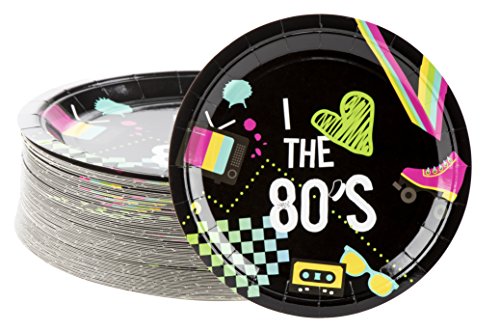 Product Cover Disposable Plates - 80-Count Paper Plates, Totally 80s Party Supplies for Appetizer, Lunch, Dinner, and Dessert, Kids Birthdays, 9 x 9 Inches