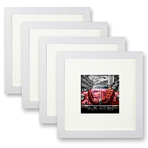 Product Cover Ohbingo 8 x 8 Picture Frame White Photo Tabletop Frames with Stand Set of 4 for Pictures 4x4 with Mat or 8x8 Without Mat for Table or Wall Decoration