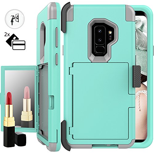 Product Cover Galaxy S9 Plus Wallet Case for Women,Auker Card Holder+Makeup Mirror Shockproof Case with Belt Clip Heavy Duty Military Grade Full Body Hybrid Protective Cover for Samsung Galaxy S9 Plus (Mint)