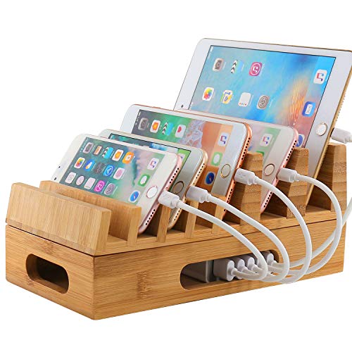 Product Cover Large Bamboo Charging Station for Multi Devices, Charge Dock Stand for Cell Phones, Tablets, Bamboo Charging Dock with 7 Slots