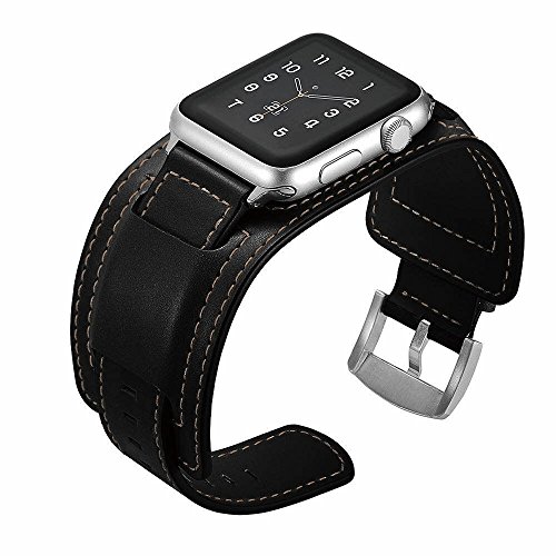 Product Cover EloBeth Compatible with Apple Watch Band 42mm 44mm Series 5 4 3 2 1 Men Leather Buckle Cuff Replacement iWatch Band Strap (Black Cuff, 42mm/44mm)