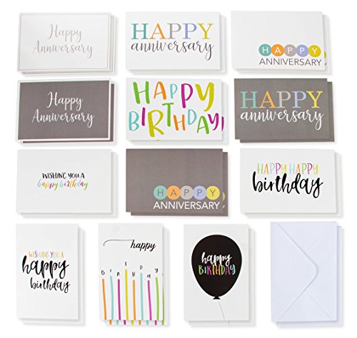 Product Cover 120-Pack Happy Birthday Cards and Happy Anniversary Cards - Includes 6 Colorful Birthday Designs, 6 Anniversary Designs, 10 of Each, Bulk Box Set Variety Pack with Envelopes Included, 4 x 6 Inches