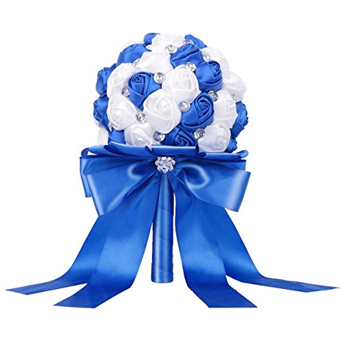 Product Cover TRUE LOVE GIFT Wedding Bride Bouquet, Royal Blue and White Bridal Bouquets for Wedding Handmade Crystal Satin, Artificial Rose Wedding Holding Flowers for Wedding, Engagement Decor