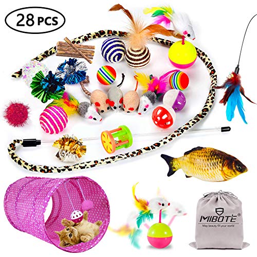 Product Cover MIBOTE 28 Pcs Cat Toys Kitten Toys Assorted, Cat Tunnel Catnip Fish Feather Teaser Wand Fish Fluffy Mouse Mice Balls and Bells Toys for Cat Puppy Kitty with Storage Bag