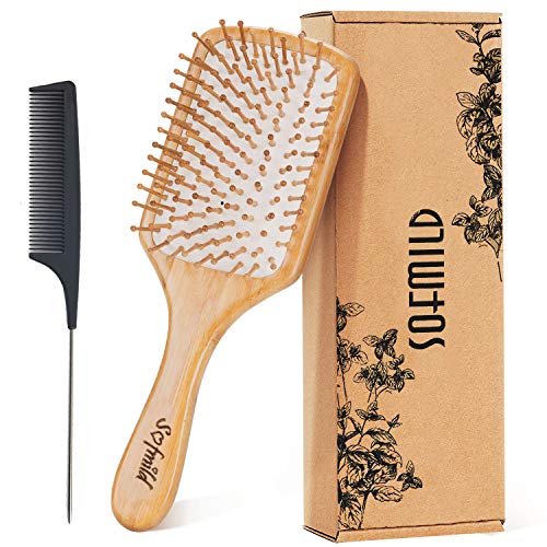 Product Cover Hair Brush-Natural Wooden Bamboo Brush + Free Detangle Tail Comb Instead of Brush Cleaner Tool, Eco-Friendly Paddle Hairbrush for Women Men and Kids Make Thin Long Curly Hair Health and Massage Scalp