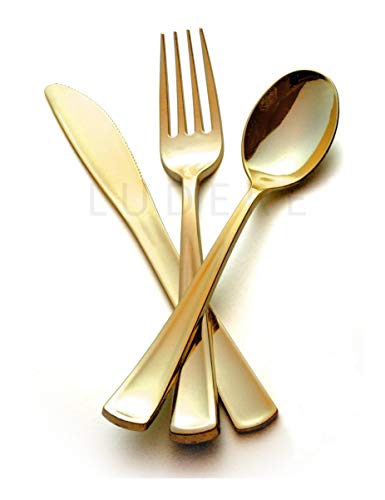 Product Cover 240 Pc Premium Gold Plastic Cutlery | Extra Heavy Duty with Bright Shiny Finish | Convenient, Strong Silverware includes 80 Forks 80 Spoons 80 Knives | Ludere Elegant Disposable Flatware Set