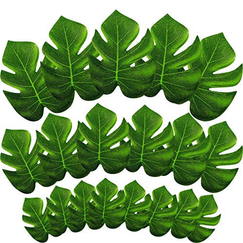 Product Cover Hestya 60 Pieces Tropical Palm Leaves Artificial Tropical Plant Leaf Imitation Monstera Leaves for Hawaiian Luau Jungle Beach BBQ Party Decor, 3 Sizes
