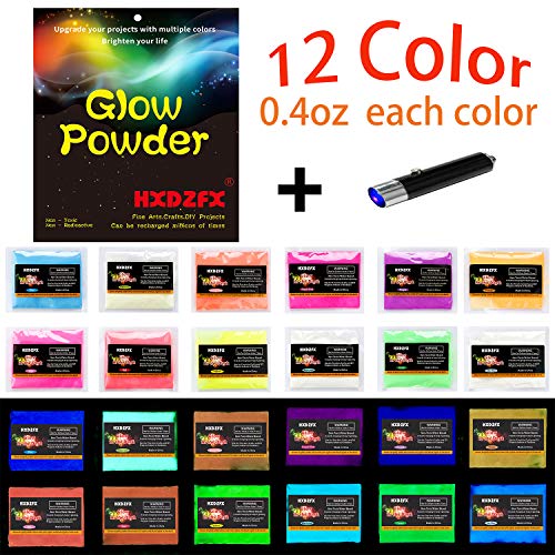 Product Cover HXDZFX Glow in The Dark Pigment Powder UV Powder(Set of 12 Packs 0.4oz Each) Safe Non-Toxic for Slime,Nails,Epoxy Resin,Acrylic Paint,Halloween,Acrylic Paint,Fine Art and DIY Crafts