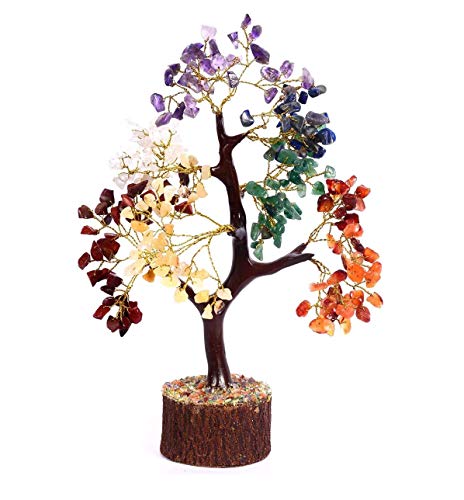 Product Cover Crocon Seven Chakra Natural Healing Gemstone Crystal Bonsai Fortune Money Tree for Good Luck, Wealth & Prosperity-Home Office Decor Spiritual Gift (with Golden Wire and 300 Beads) Size 10-12 Inches