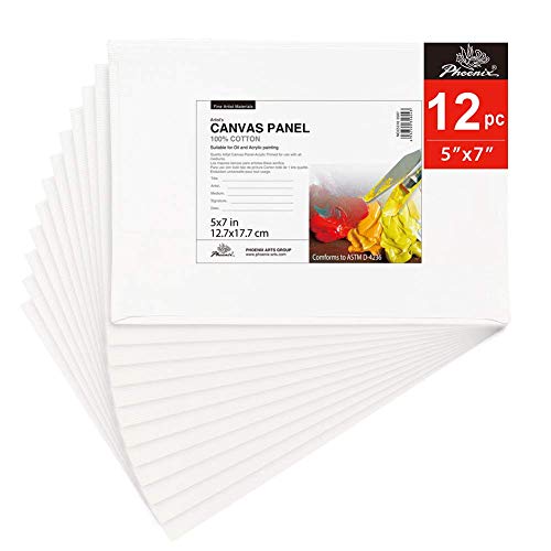 Product Cover PHOENIX Painting Canvas Panel Boards - 5x7 Inch / 12 Pack - 1/8 Inch Deep Super Value Pack for Oil & Acrylic Paint