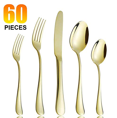 Product Cover Elegant life 60-Piece Silverware Flatware Cutlery Set, Stainless Steel Cutlery service for 12, Mirror Polished Cutlery Flatware Set, Kitchen Restaurant Party Tableware, Dishwasher Safe. (golden)