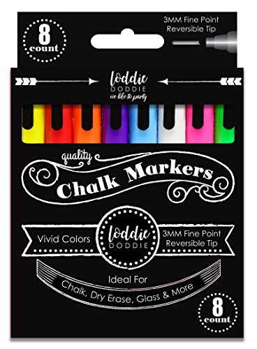 Product Cover Loddie Doddie 8ct FINE POINT (3mm) Chalk Markers- VIVID Colors for use on Chalk, Dry Erase and Glass surfaces