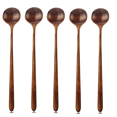 Product Cover Long Spoons Wooden, 5 Pieces Korean Style 10.9 inches 100% Natural Wood Long Handle Round Spoons for Soup Cooking Mixing Stirrer Kitchen Tools Utensils, FDA Approved(Korean Style Soup Spoon)
