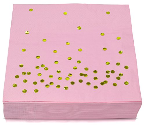 Product Cover TROLIR Luncheon Napkins, Pink with Gold Dots, 3-ply, Pack of 50 Decorative Paper Napkins 6.5x6.5 inch, Stamped with Sparkly Gold Foil Dots, Ideal for Wedding, Party, Birthday, Dinner, Lunch, Cocktail