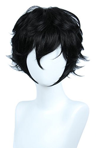 Product Cover Linfairy Short Black Layered Cosplay Wig Halloween Costume Wig for Men