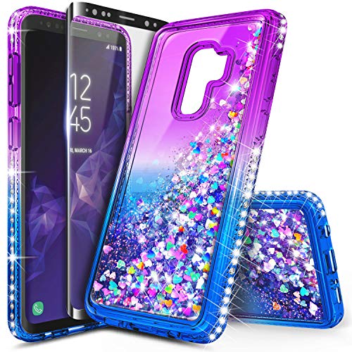 Product Cover Galaxy S9 Case with Screen Protector (Full Coverage) for Girls Women, NageBee Glitter Liquid Sparkle Bling Floating Waterfall Quicksand Diamond Shockproof Cute Case for Samsung Galaxy S9 -Purple/Blue