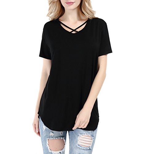 Product Cover PAAZA Women Solid Criss Cross Front V-Neck Casual Short Sleeve Plain Basic Girls Sexy T-Shirt Tops