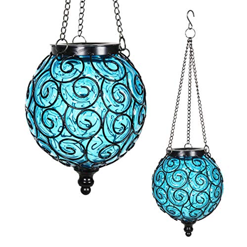 Product Cover Exhart Solar Hanging Lantern, Handblown Blue Glass - Round Hanging Lantern Light w/ 12 LED Firefly String Lights, Metal & Glass Lantern Decorative Orb for Outdoor Décor (7in l x 7in w x 20in h)