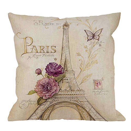 Product Cover HGOD DESIGNS Eiffel Tower Pillow Case, Vintage Letter Paris Eiffel Tower with Flower and Butterfly Cotton Linen Cushion Cover Square Standard Throw Pillow for Men/Women 18x18 inch Retro Yellow