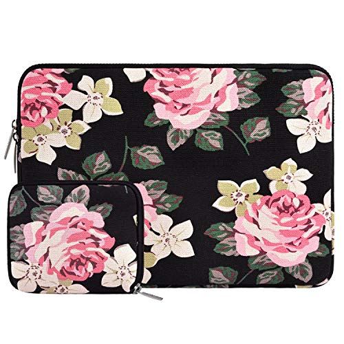 Product Cover MOSISO Laptop Sleeve Bag Only Compatible with MacBook 12 inch A1534 with Retina Display 2017/2016/2015 Release, Canvas Rose Pattern Carrying Cover with Small Case, Black