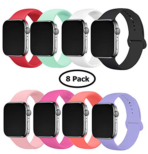 Product Cover 8 Pack Band for Apple Watch 38-40mm, Soft Silicone Sport Strap Replacement Bracelet Wristband for Apple Watch Series 5,4,3,2,1, Nike+, S/M Size