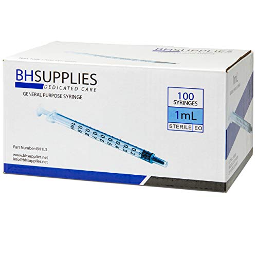 Product Cover 1ml Syringe Sterile with Luer Slip Tip - 100 Syringes by BH Supplies (No needle) Individually Sealed - FDA Approved
