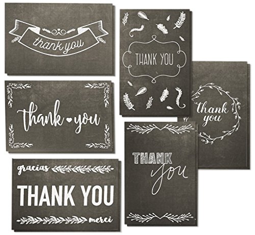 Product Cover Thank You Cards - 144-Pack Thank You Notes, 6 Assorted Black and White Chalkboard Designs, Bulk Thank You Cards and Envelopes, 4 x 6 Inches