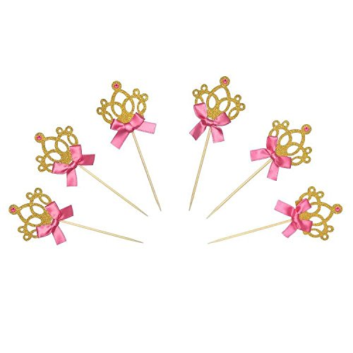 Product Cover Gold Glitter Princess Crown Tiara Cake Cupcake Toppers Picks for Wedding Birthday Baby Shower Kids' Party Decorations 24 PCS