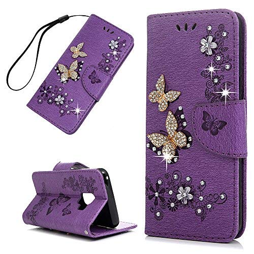Product Cover Galaxy S9 Case,3D Relief Bling Crystal Rhinestone Flower Butterfly Embossed PU Leather Wallet Case TPU Inner Bumper Credit Card Holders Hand Strap Protective Cover for Samsung Galaxy S9, Purple