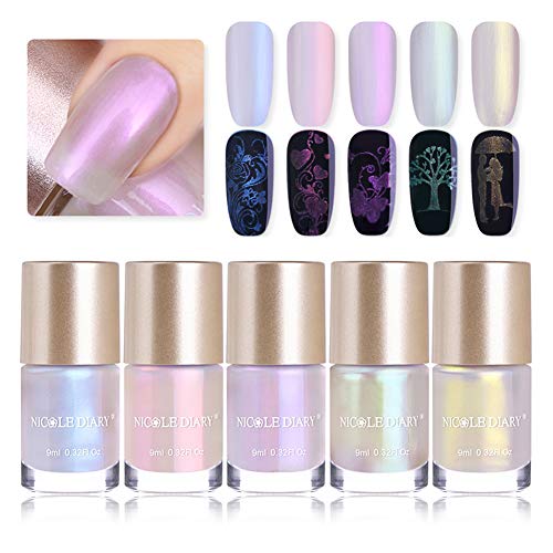 Product Cover NICOLE DIARY Pearl Nail Polish Pearl Stamping Polish Shell Shiny Glitter 2 in 1 Nail Art Polish for DIY Manicure Decoration (5 colors)