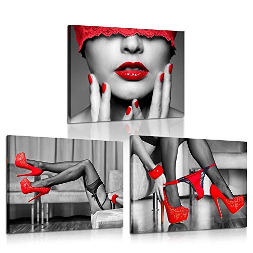 Product Cover iKNOW FOTO 3 Piece Black and Red Canvas Prints High Heel Fashion Shoes Digital Canvas Art Print Sexy Woman Lips and Legs Poster Framed Art Work Stretched Ready to Hang for Hotel Bedroom Walls 12x16x3