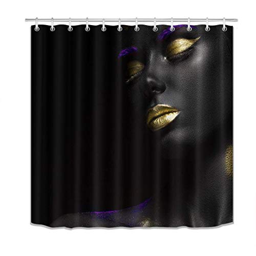 Product Cover LB African American Shower Curtains,3D Printing Gold Lips Afro Black Girl Shower Curtain Polyester Fabric Waterproof African Bathroom Sets 72 x 72 Inches with Hooks