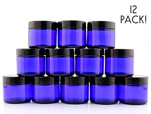 Product Cover 2-Ounce Cobalt Blue Glass Cosmetic Jars (12-Pack); Straight Sided Jars w/Black Plastic Lined Lids for Balms, Cosmetics, Creams More