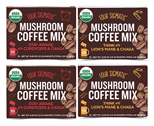 Product Cover Four Sigmatic Mushroom Coffee Mix Pack of 4 - Lion's Mane and Chaga & Cordyceps and Chaga - 10 Packets Per Box