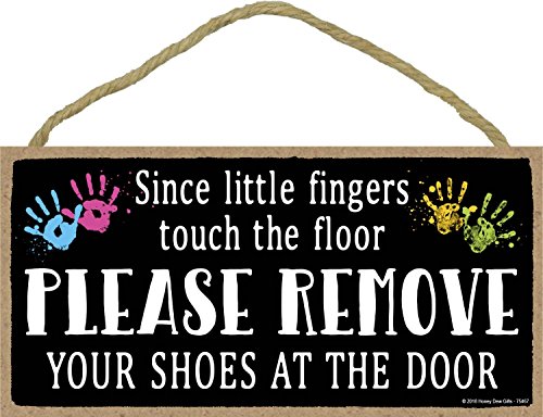 Product Cover Since Little Fingers Touch The Floor Please Remove Your Shoes at The Door - 5 x 10 inch Hanging Shoes Off Sign, Wall Art, Decorative Wood Sign Home Decor
