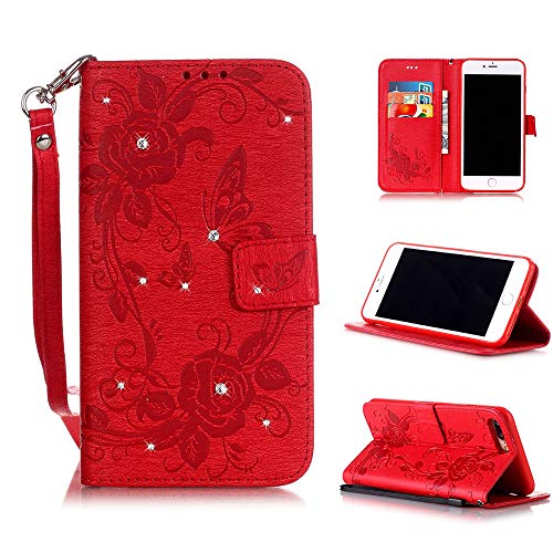 Product Cover MATOP Compatible for iPhone 7 Plus / 8 Plus Wallet Case,Leather Flip Bling Diamond Rose Rhinestone Fold Stand Shockproof Body Protection Shell Folio with 3 Card Holder (red)