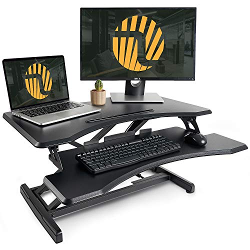 Product Cover Standing Desk with Height Adjustable - FEZIBO Stand Up Desk Converter, 33 inches Black Ergonomic Tabletop Workstation Riser Fits Dual Monitors