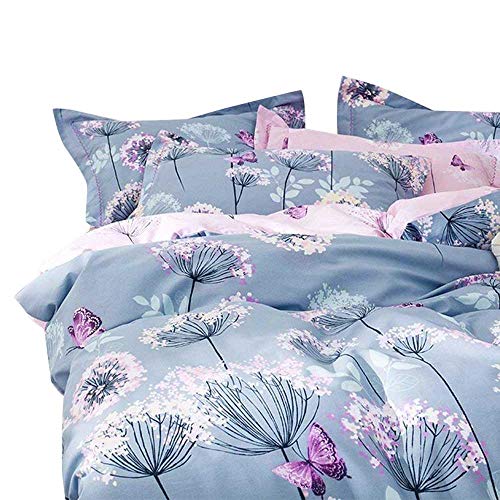 Product Cover VClife Modern Twin Bedding Sets Floral Branches Butterfly Printed Duvet Comforter Cover Sets Girl Teens Cotton Pink Blue Bedding Collection, Soft Hypoallergenic, Lightweight, Breathable, Durable, Twin