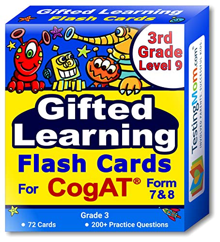 Product Cover CogAT Test Flash Cards - Grade 3 (Level 9) - 72 Cards - 200+ Practice Questions - Tips for Scoring Higher on the CogAT - Verbal, Non-Verbal and Quantitative Concepts - Fun Characters for Engaging Prep