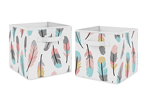 Product Cover Turquoise and Coral Boho Feather Foldable Fabric Storage Cube Bins Boxes Organizer Toys Kids Baby Childrens for Collection by Sweet Jojo Designs - Set of 2
